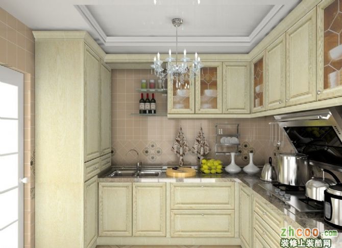该图为厨房吊了顶，使其充分融入了其他功能区。美观大方，用淡黄色调诠释了其优雅……