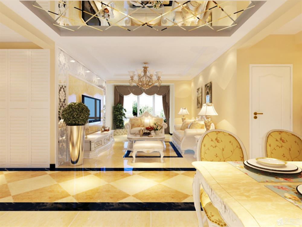 墙面颜色采用黄色，与家具的协调感增强，电视背景墙以边框为白玻中间为壁纸的形式打造，提供给业主一个优雅大气的客厅环境。