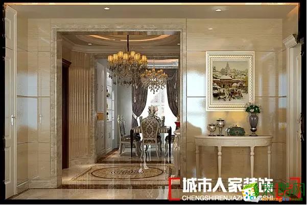 设计说明:本案设计为欧式风格,墙面采用意大利木纹大理石营造出低调奢华的氛围,迎门的户型大理石造型墙既彰显大户人家的气势,有蕴含有容乃大的非凡气度。通过吊顶 地面和墙面的完美结合,呼应着天地和人的气场流转。软包和壁纸及饰品的运用,点缀出主人的品味。灯光的辅助让空间更加生动!
户型解析:本户型的空间划分不够明确,房间的缺角和阳角明显,通过玄关的摆放及两侧垭口的设计可以让户型的区域更加清晰,真正能做到移步易景,让普通平层也能散发出奢华大宅的光彩!
