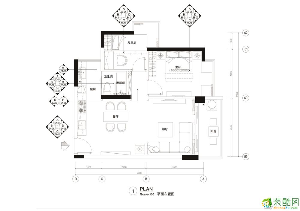 博凯装饰-新欧鹏K城70平米现代风格两居室装修实景案例图赏析。